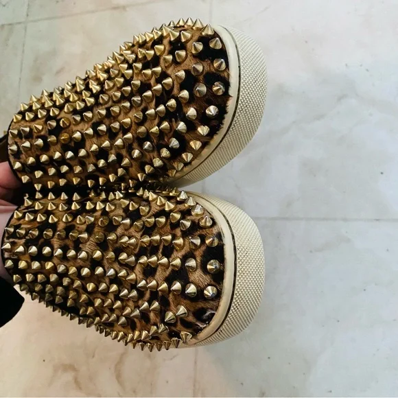 $995 Christian Louboutin Leopard Print Gold Spike Studs Slip-on